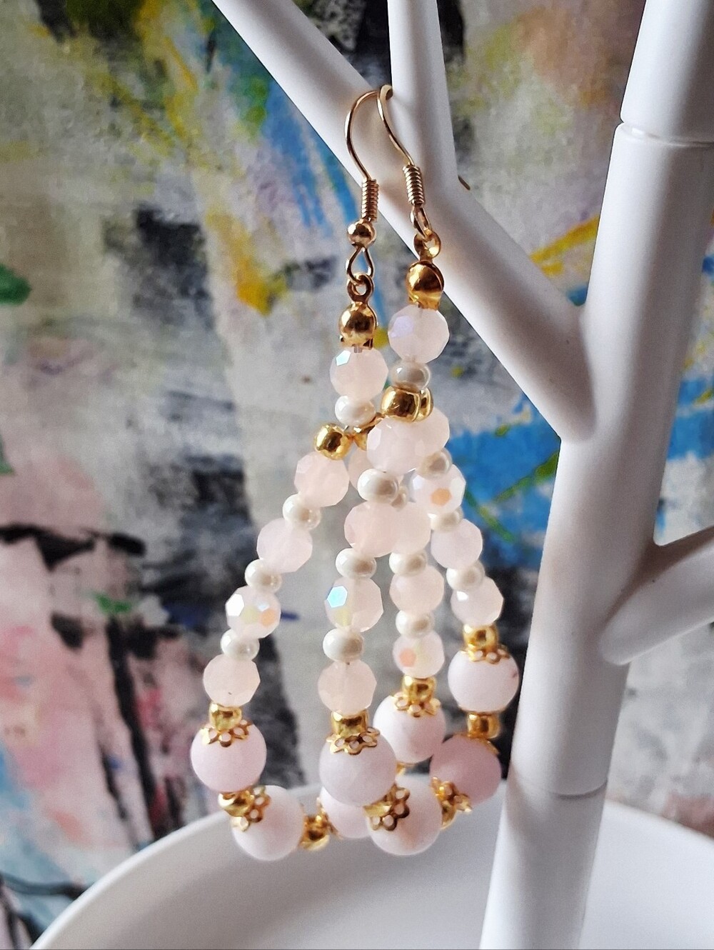 Cherry Pink Quartz Beaded Teardrop Earrings with Gold Accents Handmade
